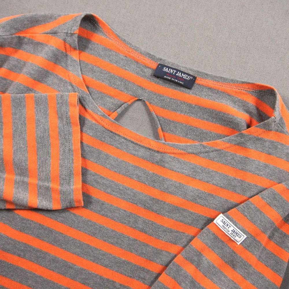 Saint James Open Back Striped Boat 3/4 Sleeve Women Shirt 12 Orange Nautical